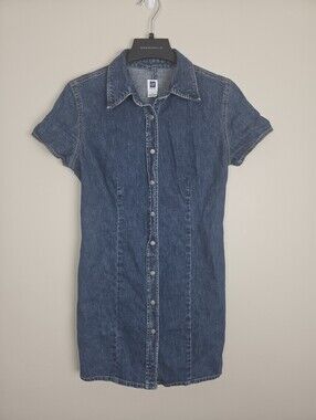 VTG Gap Denim Dress Size 10 Short Sleeve Button Up Fitted Blue Jean Shift Dress